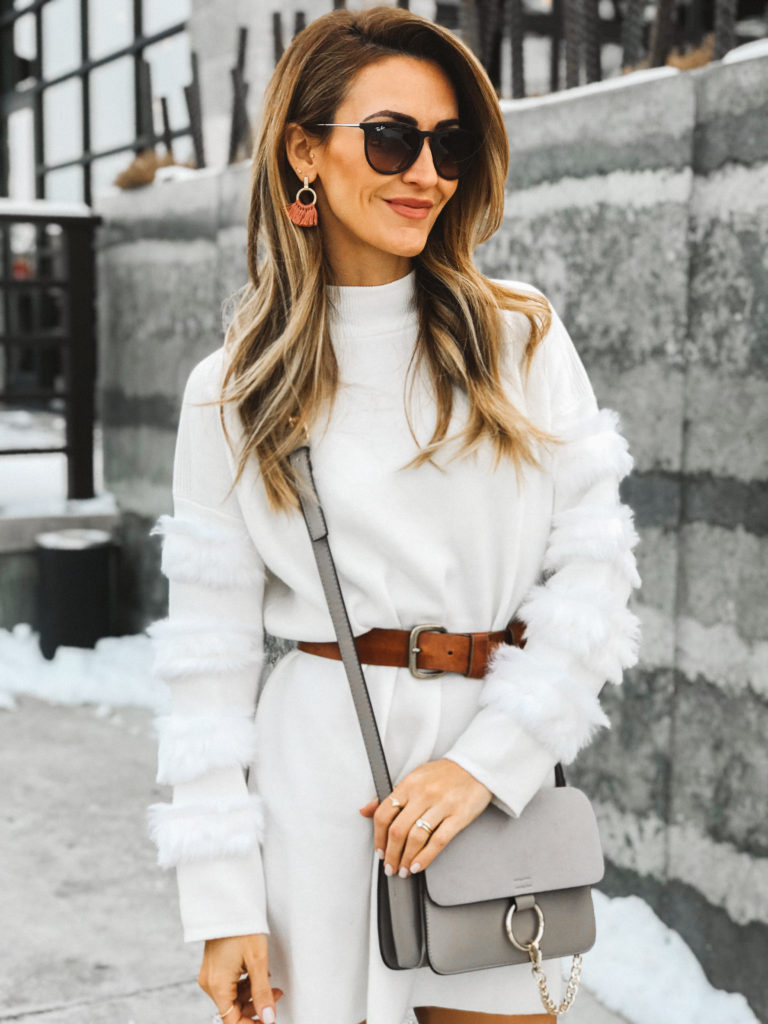 Karina style diaries white fur sleeve dress