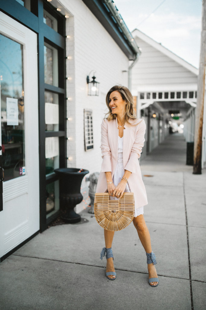 Bamboo bag and gingham guess shoes - White Easter dress and gingham shoes styled by popular Indianapolis fashion blogger, Karina Style Diaries