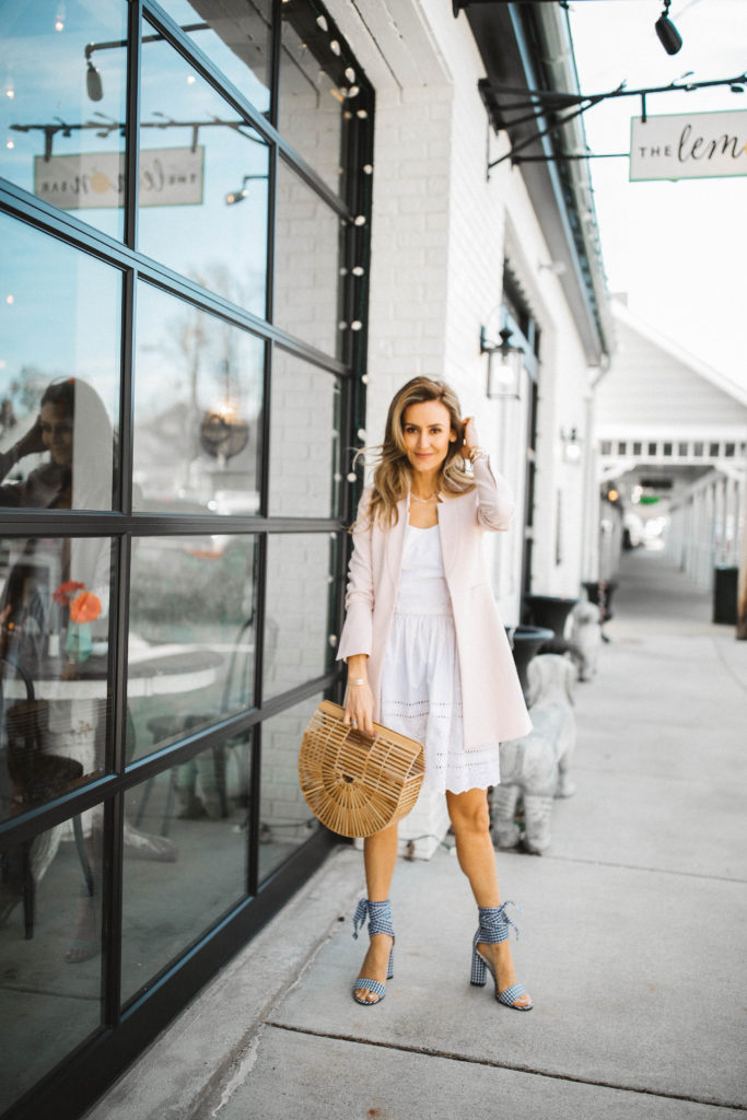 White Easter dress and gingham shoes styled by popular Indianapolis fashion blogger, Karina Style Diaries