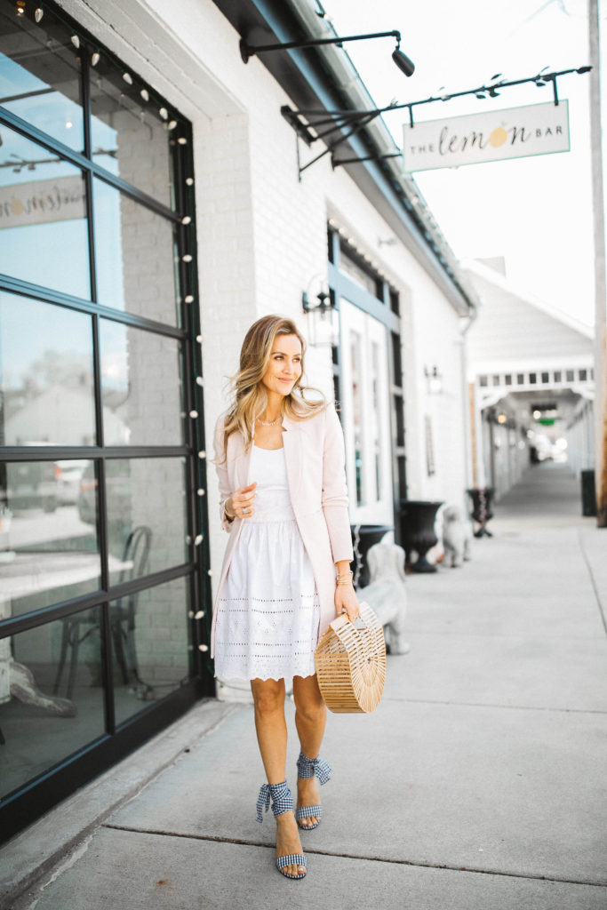 White Easter dress and gingham shoes styled by popular Indianapolis fashion blogger, Karina Style Diaries