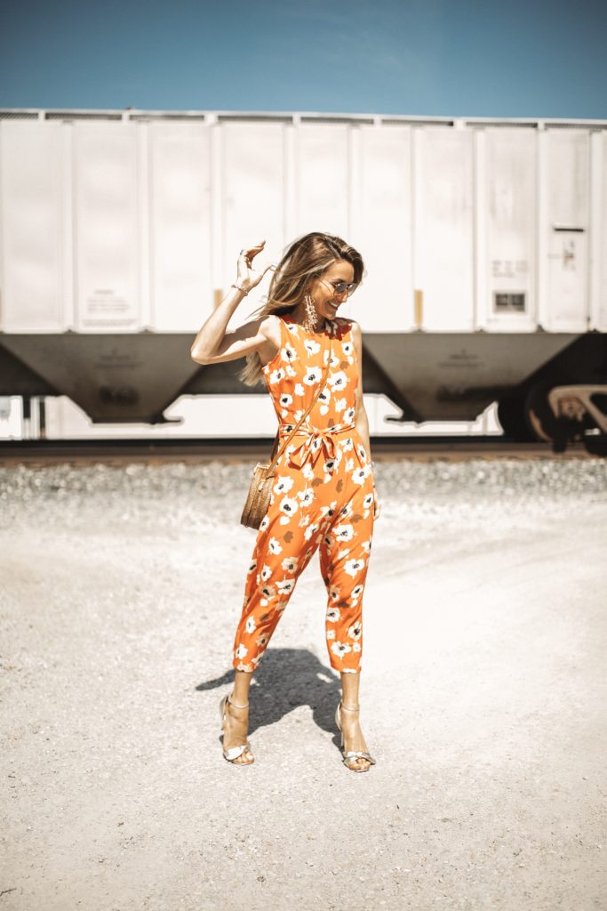 orange floral tie waist jumpsuit - Cute Spring Styles Under $30 featured by popular Indianapolis fashion blogger, Karina Style Diaries