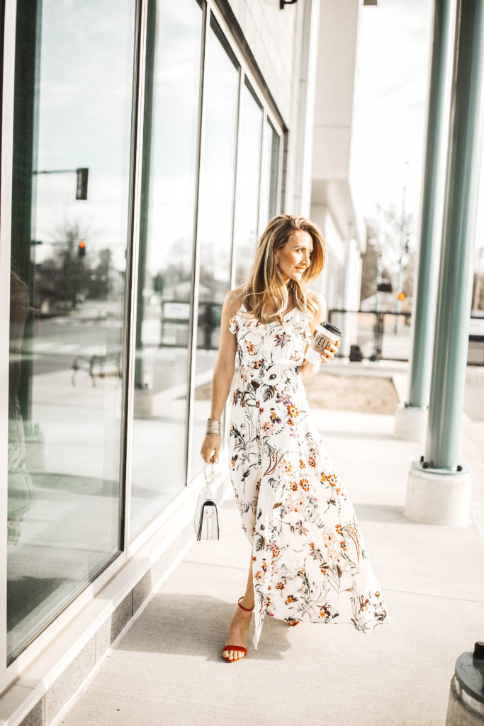bloom on ivory floral print maxi dress lulus - Spring Essentials: Lulus Dresses, Shorts, Top and Jumpsuit featured by popular Indianapolis fashion blogger, Karina Style Diaries
