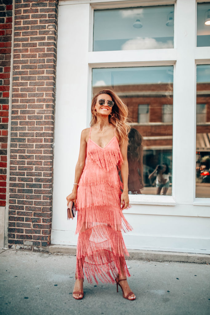 Asos Fringe mesh dress pink - Asos Occasion Wear featured by popular Indianapolis style blogger, Karina Style Diaries