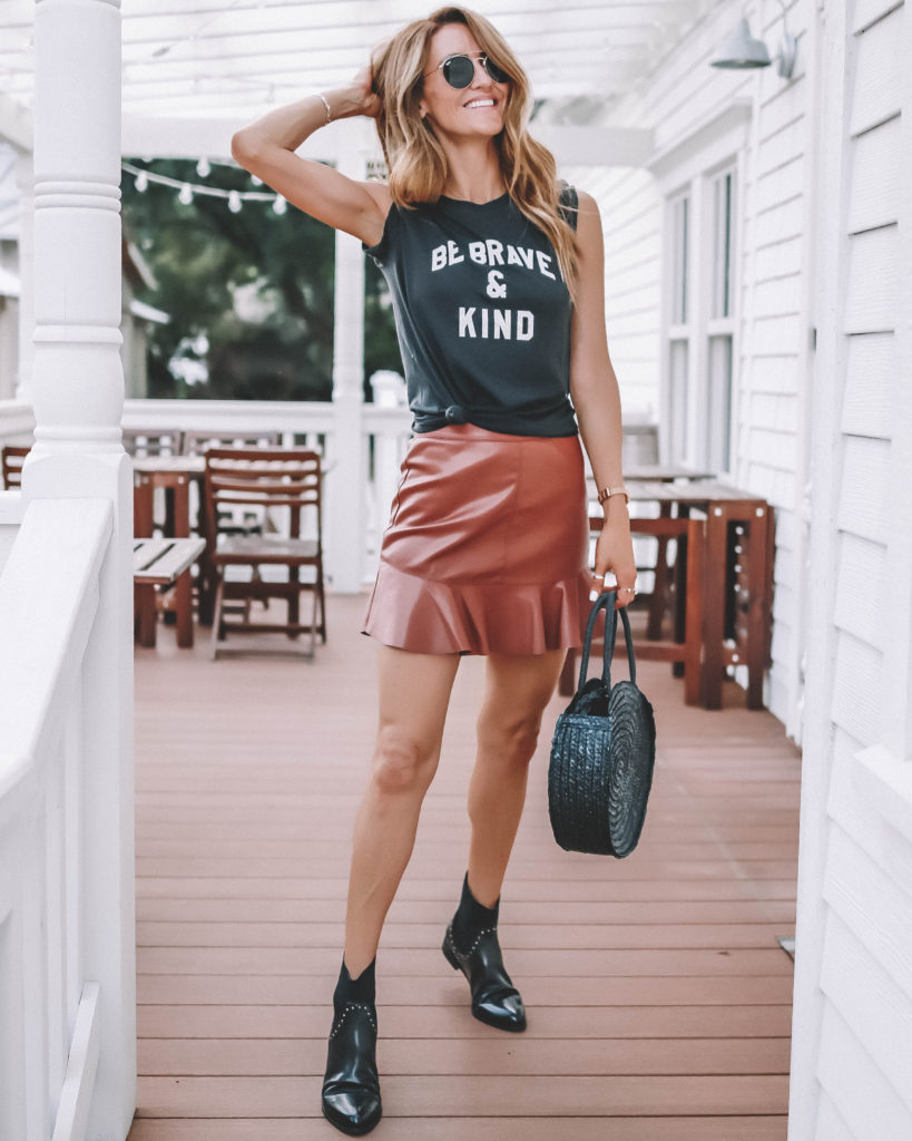 BB Dakota cognac leather skirt | Fall Essentials featured by popular Indianapolis fashion blogger, Karina Style Diaries