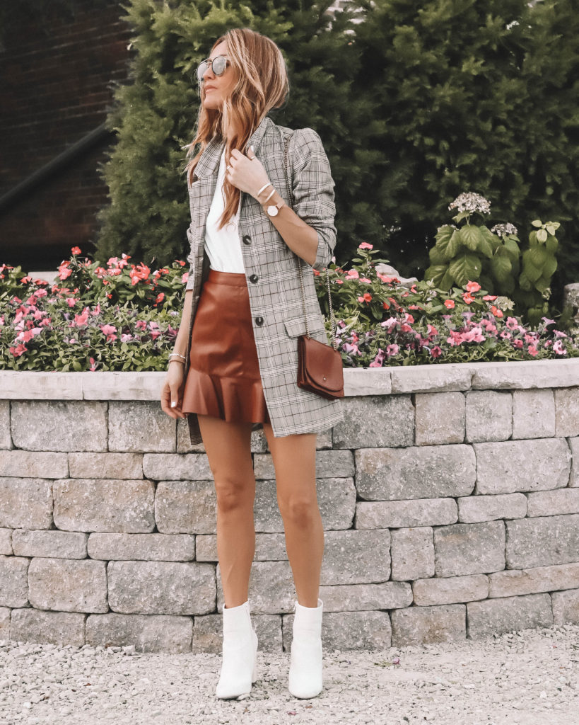 Plaid blazer, leather skirt, Karina Reske | Fall Essentials featured by popular Indianapolis fashion blogger, Karina Style Diaries