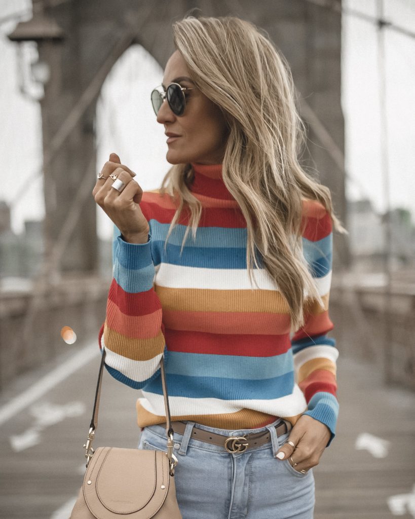 Brooklyn bridge, Karina Reske, sweater and jeans | NYFW Looks featured by popular Indianapolis fashion blogger, Karina Style Diaries