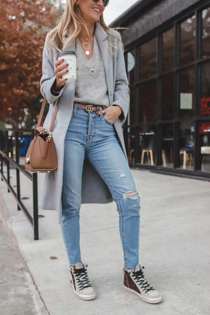 Grey sweater, greay coat, golden goose hi-tops | H&M Grey Sweater styled by popular Indianapolis fashion blog, Karina Style Diaries