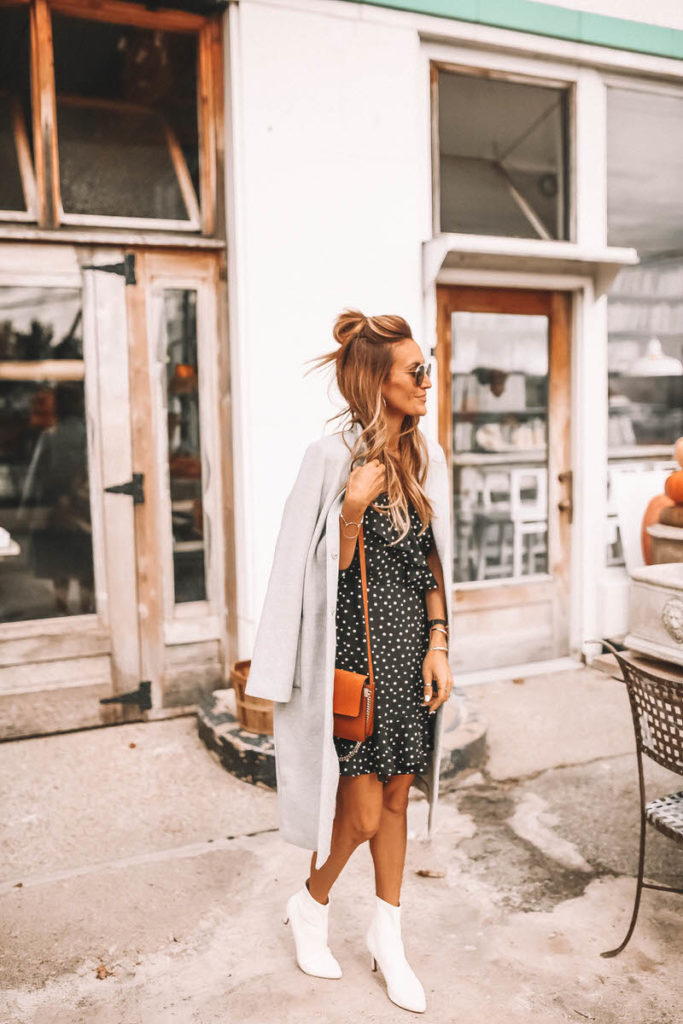 Grey coat over dress, holiday dress ideas | Holiday Party Dress Ideas: the BB Dakota Polka Dot Dress available on Shopbop, featured by top Indianapolis fashion blog, Karina Style Diaries