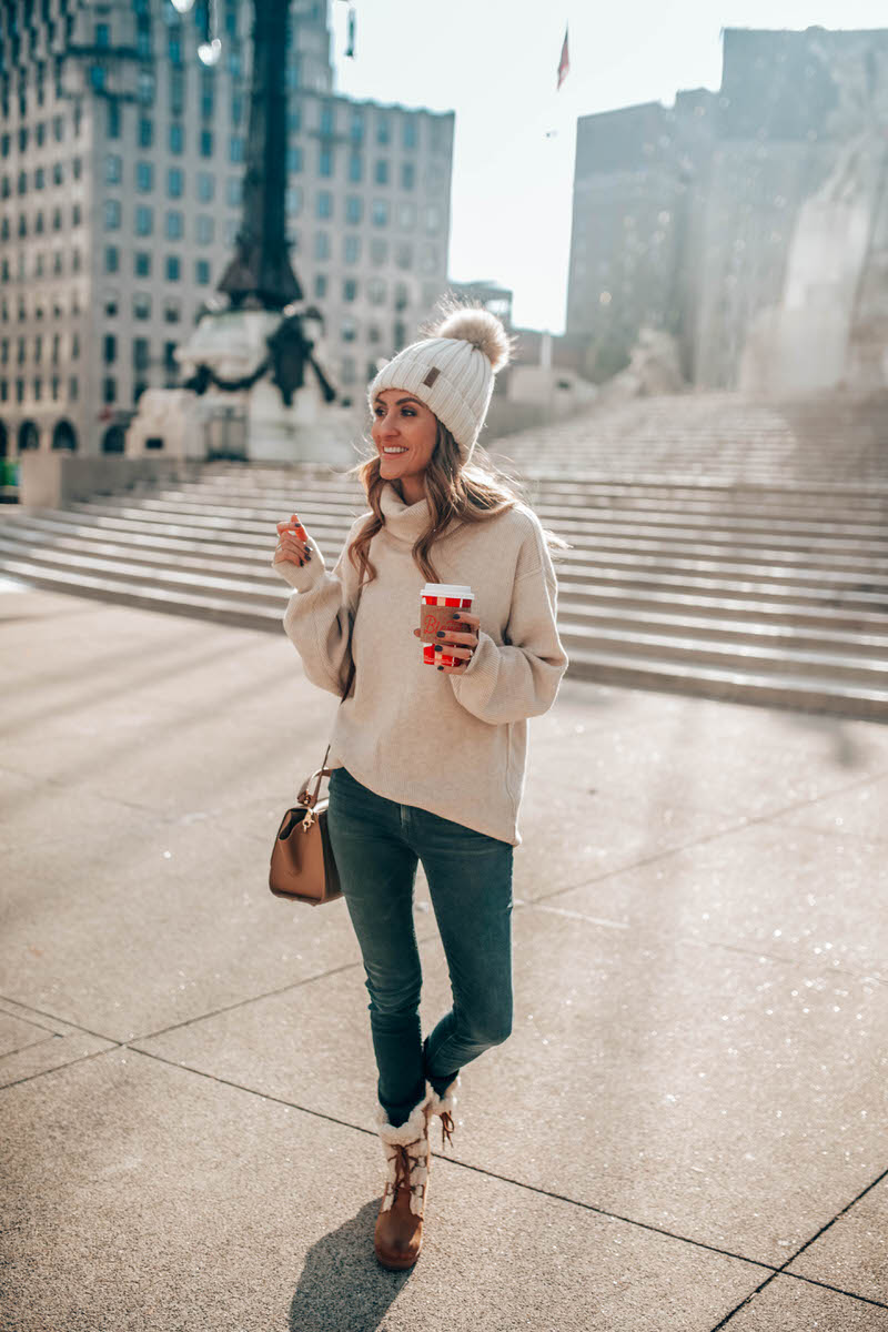 Evereve - Free People Tunic in Taupe, Sorel sherpa boots and Hudson high waist jeans| Casual Winter Looks featured by top Indianapolis fashion blogger, Karina Style Diaries