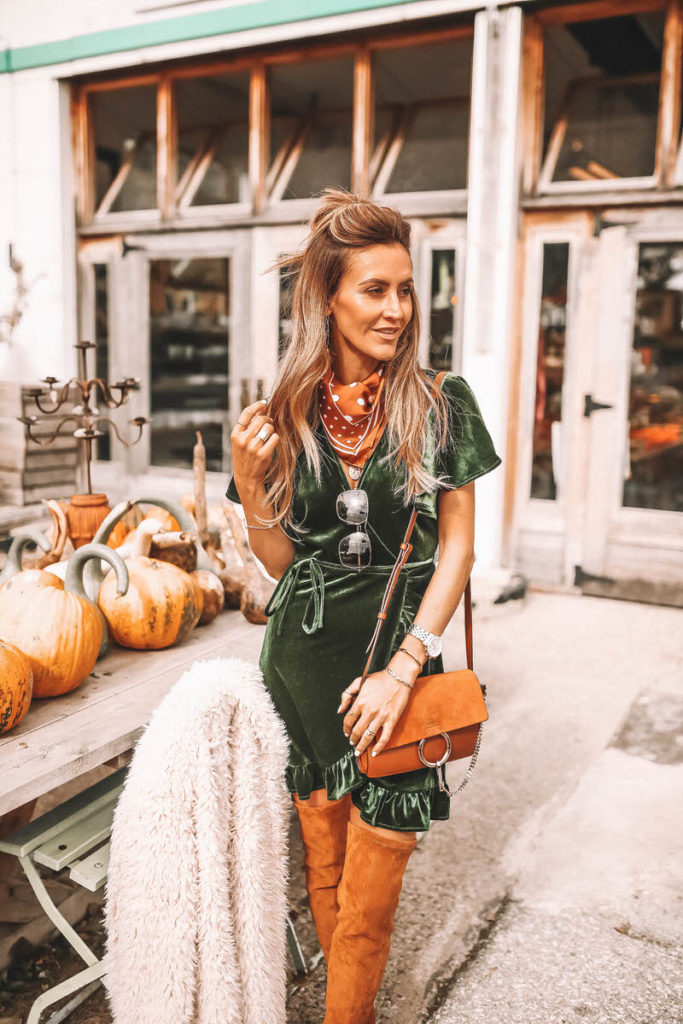 green and cognac outfit holiday dresses ideas