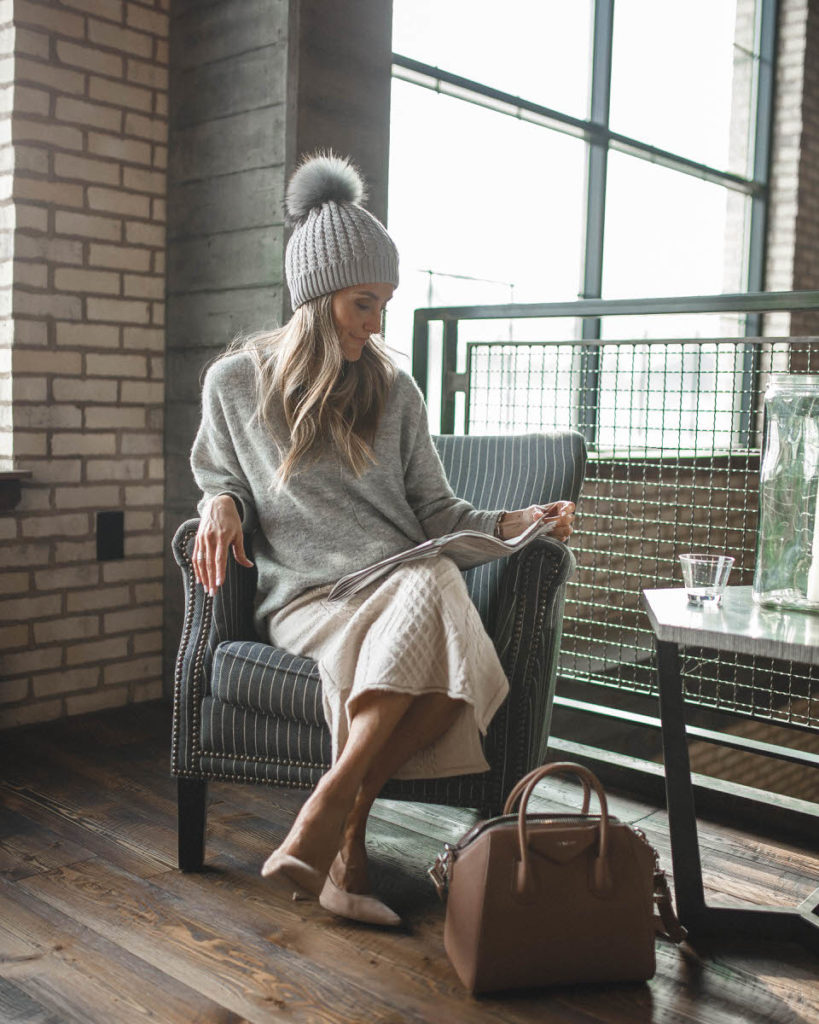 Chicwish cute winter looks featured by top Indianapolis fashion blog, Karina Style Diaries: image of a woman wearing a Chicwish knit skirt, H&M grey sweater, Givenchy Antigona bag and a grey pom pom beanie hat