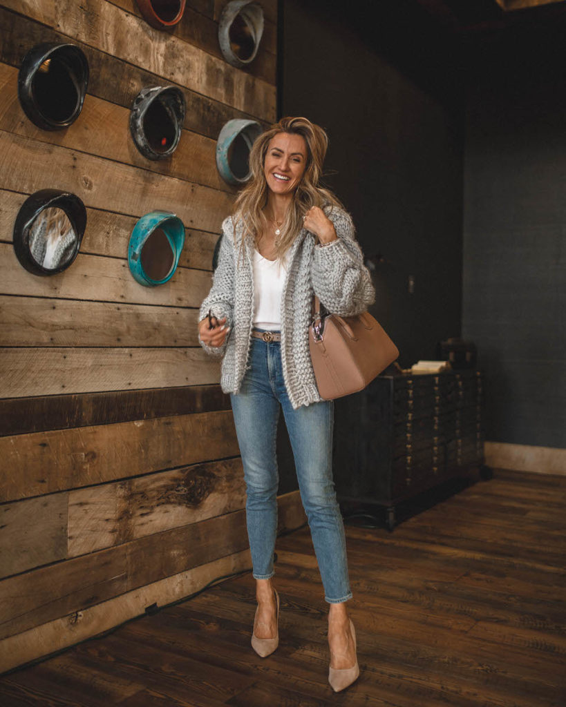 Chicwish cute winter looks featured by top Indianapolis fashion blog, Karina Style Diaries: image of a woman wearing a Chicwish chunky cardiganr, Evereve cropped jeans, Jimmy Choo pumps, Givenchy bag, Free People tank and a Gucci belt