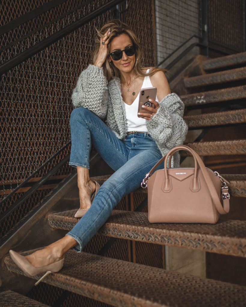 Chicwish cute winter looks featured by top Indianapolis fashion blog, Karina Style Diaries: image of a woman wearing a Chicwish chunky cardiganr, Evereve cropped jeans, Jimmy Choo pumps, Givenchy bag, Free People tank and a Gucci belt