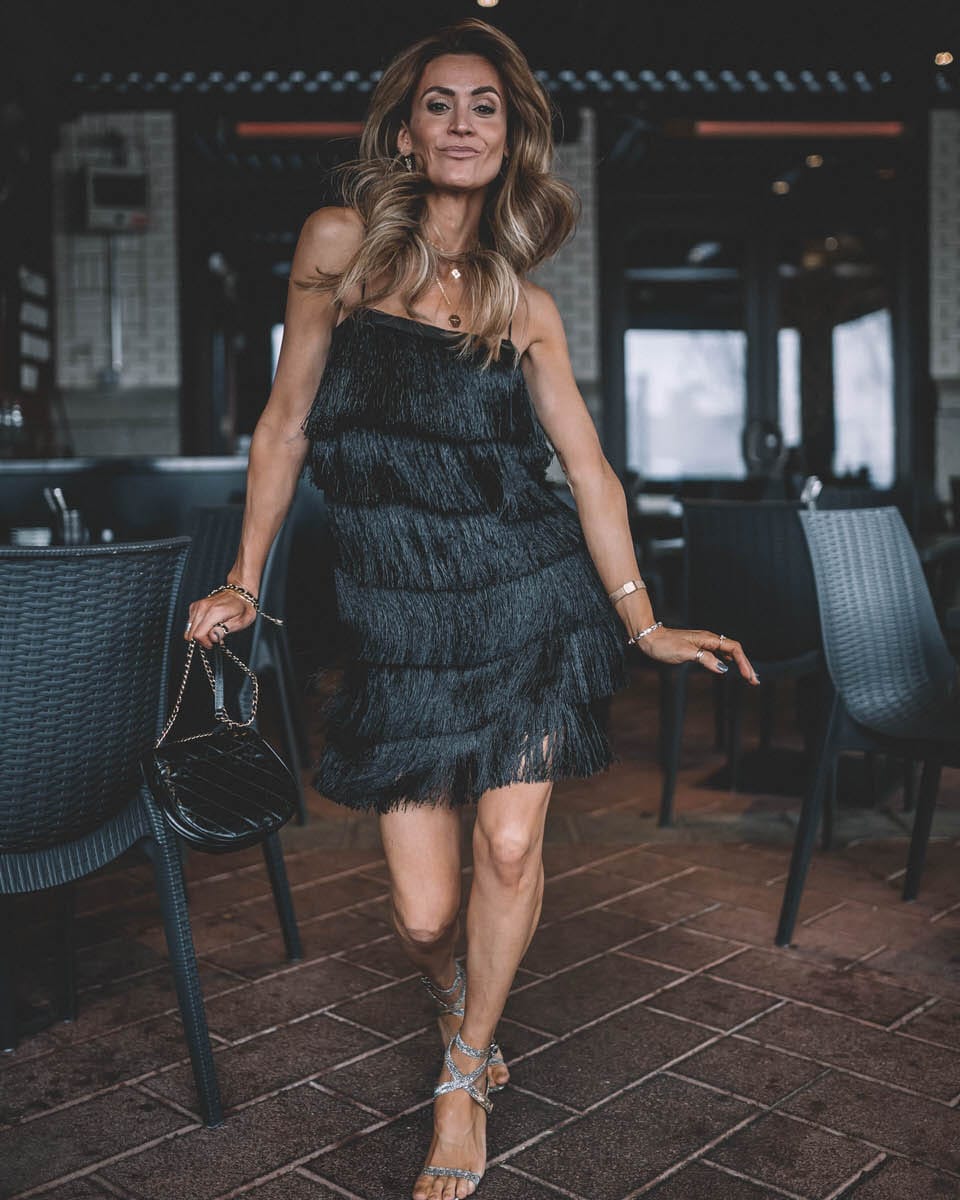 Black Fringe Dress  Holiday Party Looks - Karina Style Diaries