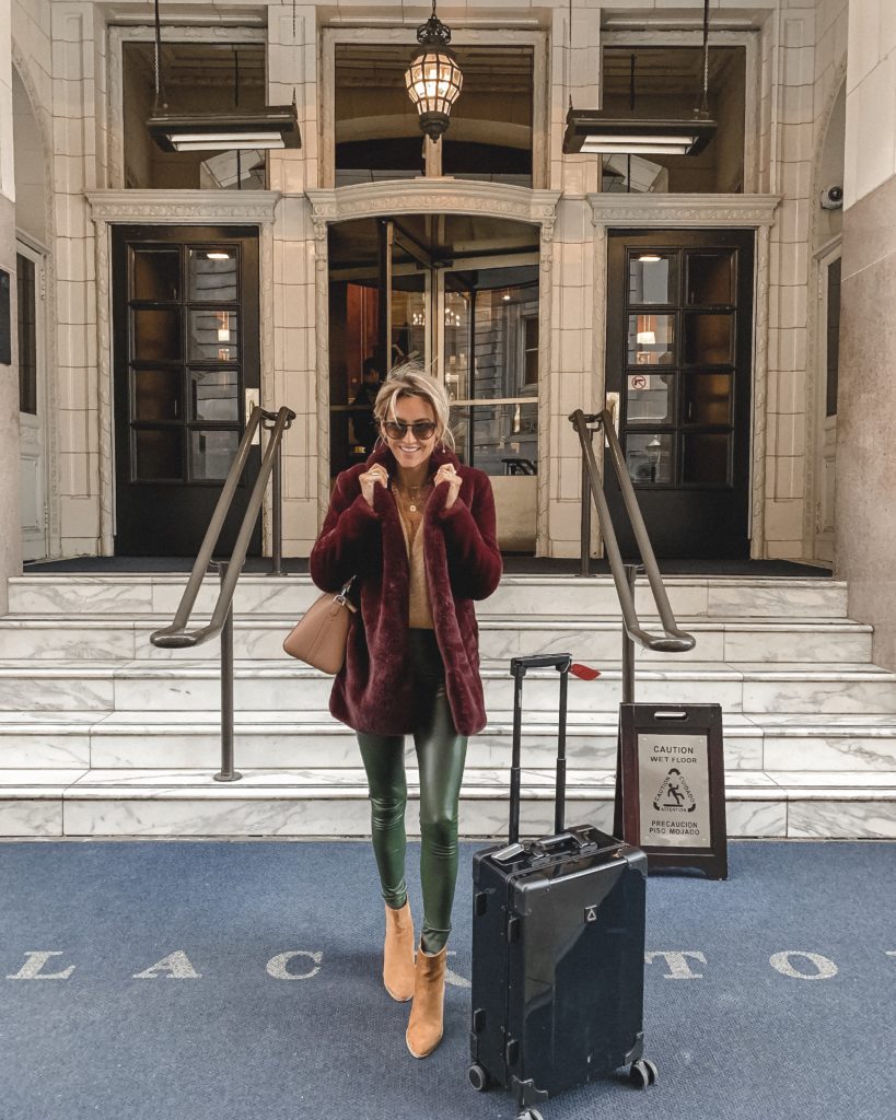 Burgundy faux fur coat | green leggings commando | tan booties | givenchy antigona small beige | Weekly outfit recap featured by top US fashion blogger, Karina Style Diaries: image of a woman wearing an ASTR faux fur coat, faux leather leggings, fuzzy sweater, Free People booties and Givenchy satchel