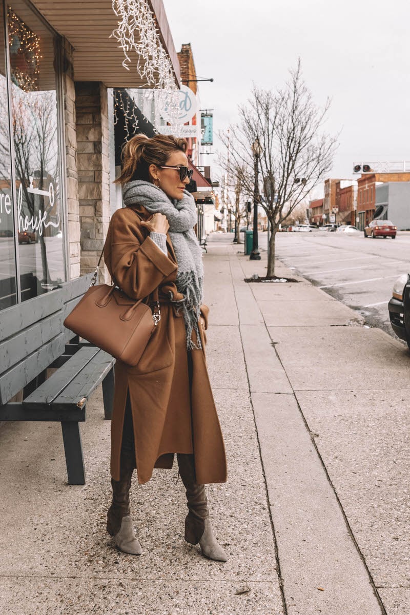 Karina Reske | Camel coat | Grey oversized scarf | Givenchy bag | OTK boots | gucci sunglasses 