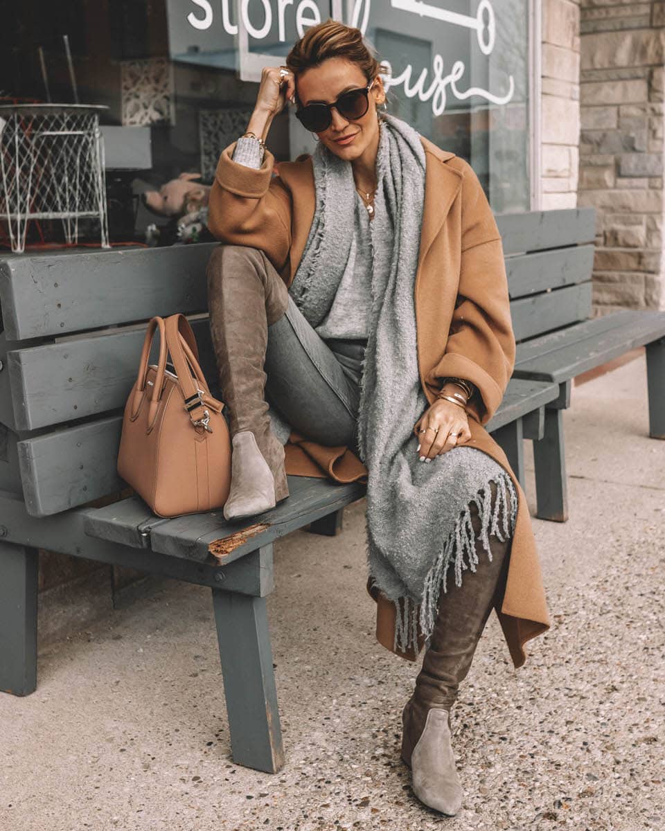 Karina Reske | Camel coat | Grey oversized scarf | Givenchy bag | OTK boots | gucci sunglasses | Zara camel coat styled by top US fashion blogger, Karina Style Diaries: image of a woman wearing an oversized Zara camel coat, H&M grey sweater ,Citizens of Humanity high waisted jeans, Goodnight Macaroons over the knee suede boots, Givenchy anitigona bag and Gucci tortoise shell sunglasses