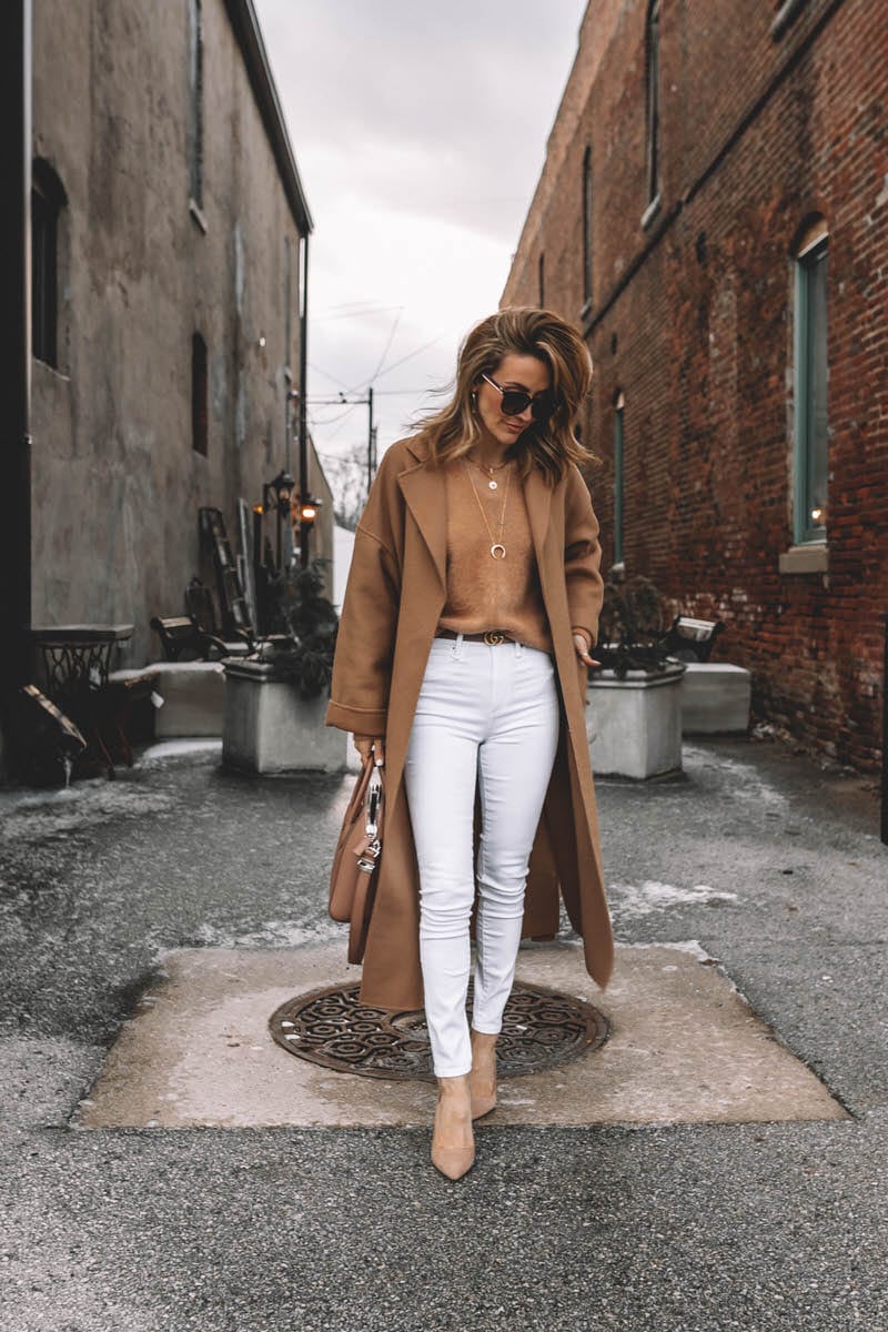 Karina Reske | white high waist skinny jeans | oversized camel coat | givenchy antigona,, gucci sunglasses 2019 | Abercrombie High Waisted Jeans On Sale featured by top US fashion blogger, Karina Style Diaries: image of a woman wearing Abercrombie high rise super skinny jeans, Nordstrom Rack Vneck sweater, AYR robe coat, Steve Madden toe pumps, Gucci double G leather belt, Givenchy leather satchel and Gucci sunglasses