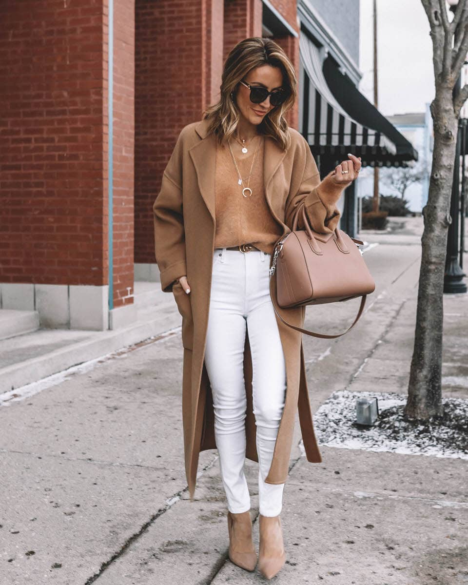 Karina Reske | white high waist skinny jeans | oversized camel coat | givenchy antigona,, gucci sunglasses 2019 | Zara camel coat styled by top US fashion blogger, Karina Style Diaries: image of a woman wearing an oversized Zara camel coat, Abercrombie and Fitch high waisted jeans, Nordstrom rack fuzzy neck sweater, Steve Madden pumps, Gucci double GG buckle, Givenchy Antigona bag and Gucci tortoiseshell sunglasses