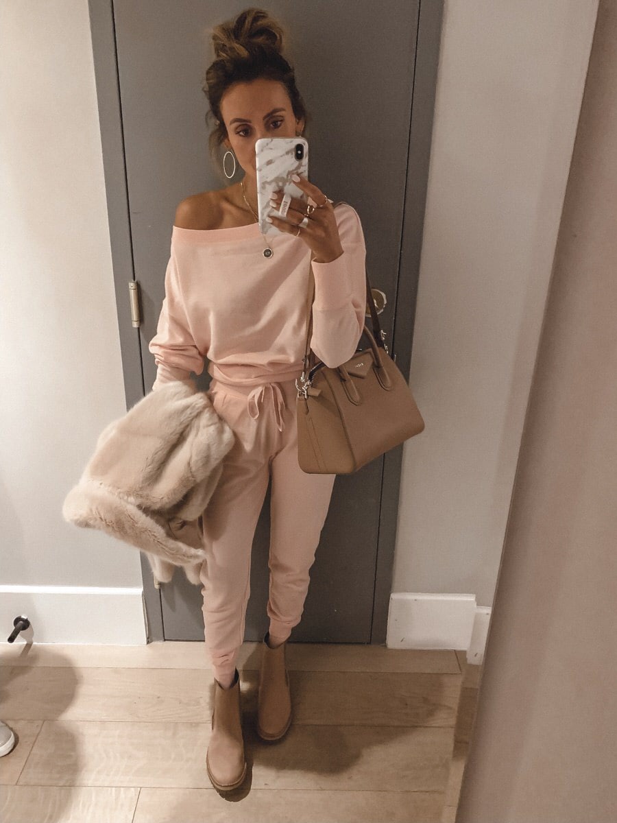 Karina Reske 2xist pink jogger set | NYFW Schedule + PR Meet Ups & NYFW outfits featured by top US fashion blogger, Karina Style Diaries: image of a woman wearing Terry jogger pants and a Terry off the shoulder sweater from 2 XIST.