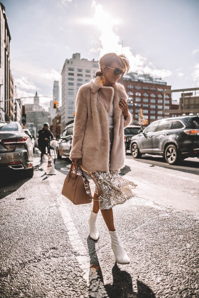 Karina Reske | NYFW spring studios | sequin skirt | fur coat | white booties NYFW outfits and tips featured by top US fashion blogger, Karina Style Diaries: image of a woman wearing a Goodnight Macaroon sequin skirt, Madewell white tank top, a pink faux fur coat, Target white booties, Givenchy Antigona bag and Gucci sunglasses