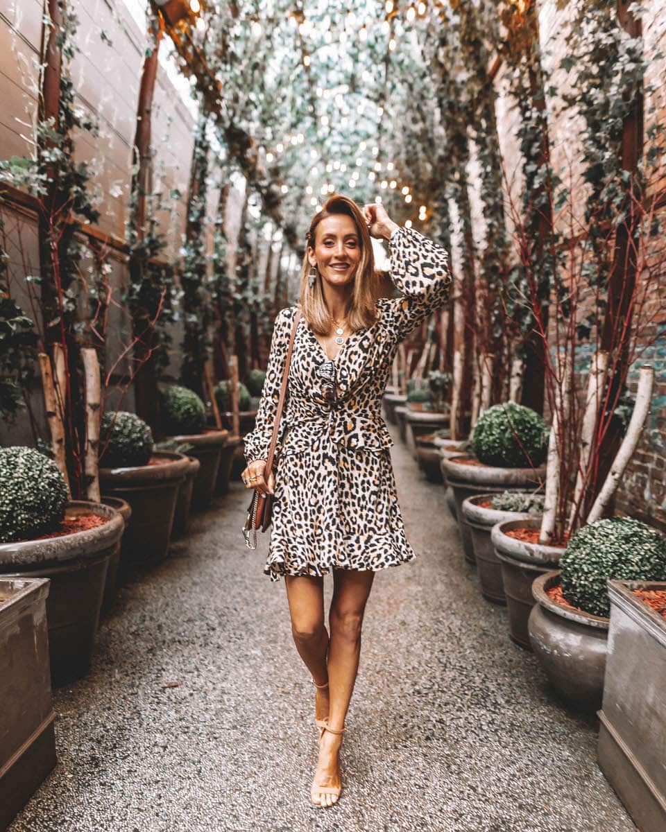 NoMo SoHo | Karina Style Diaries | Leopard print dress | gucci barret | NYFW outfits and tips featured by top US fashion blogger, Karina Style Diaries: image of a woman wearing a Vici leopard print dress, Chloe shoulder bag, Steve Madden sandals and Gucci barrette