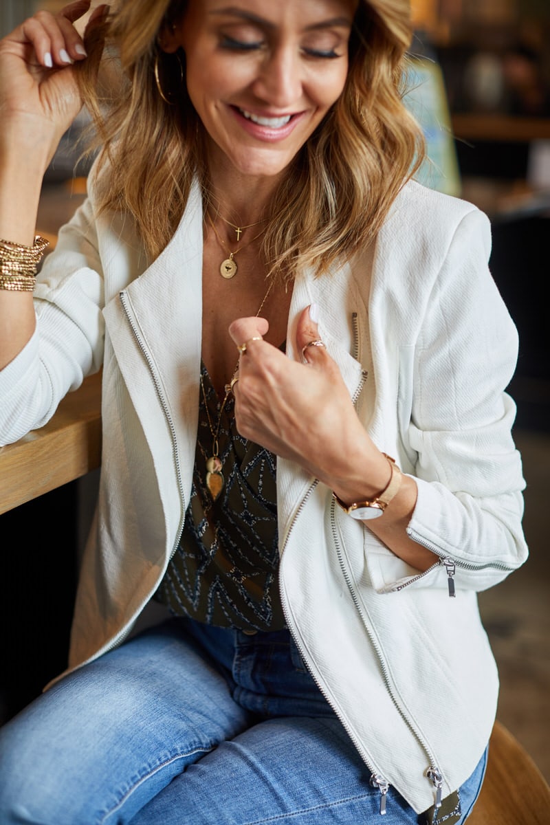 Karina Style Diaries | Evereve | Blank NYC white jacket | Flare jeans