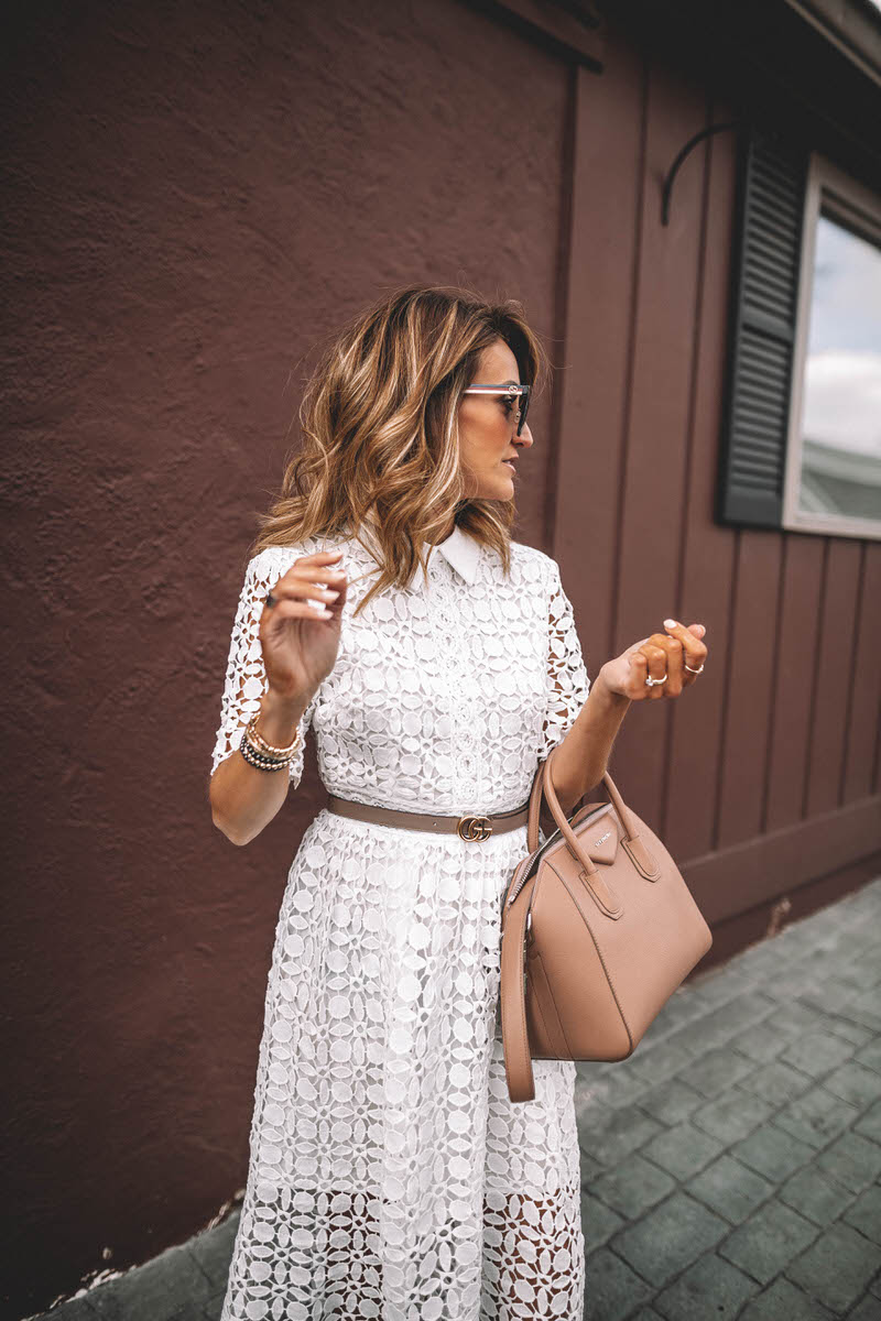 Fashion blogger Karina Reske wearing ChicWish white midi crochet dress | peter pan collar white dress | givenchy antigona small blush | Gucci round sunglasses | gucci skinny belt taupe | easter outfit idea
