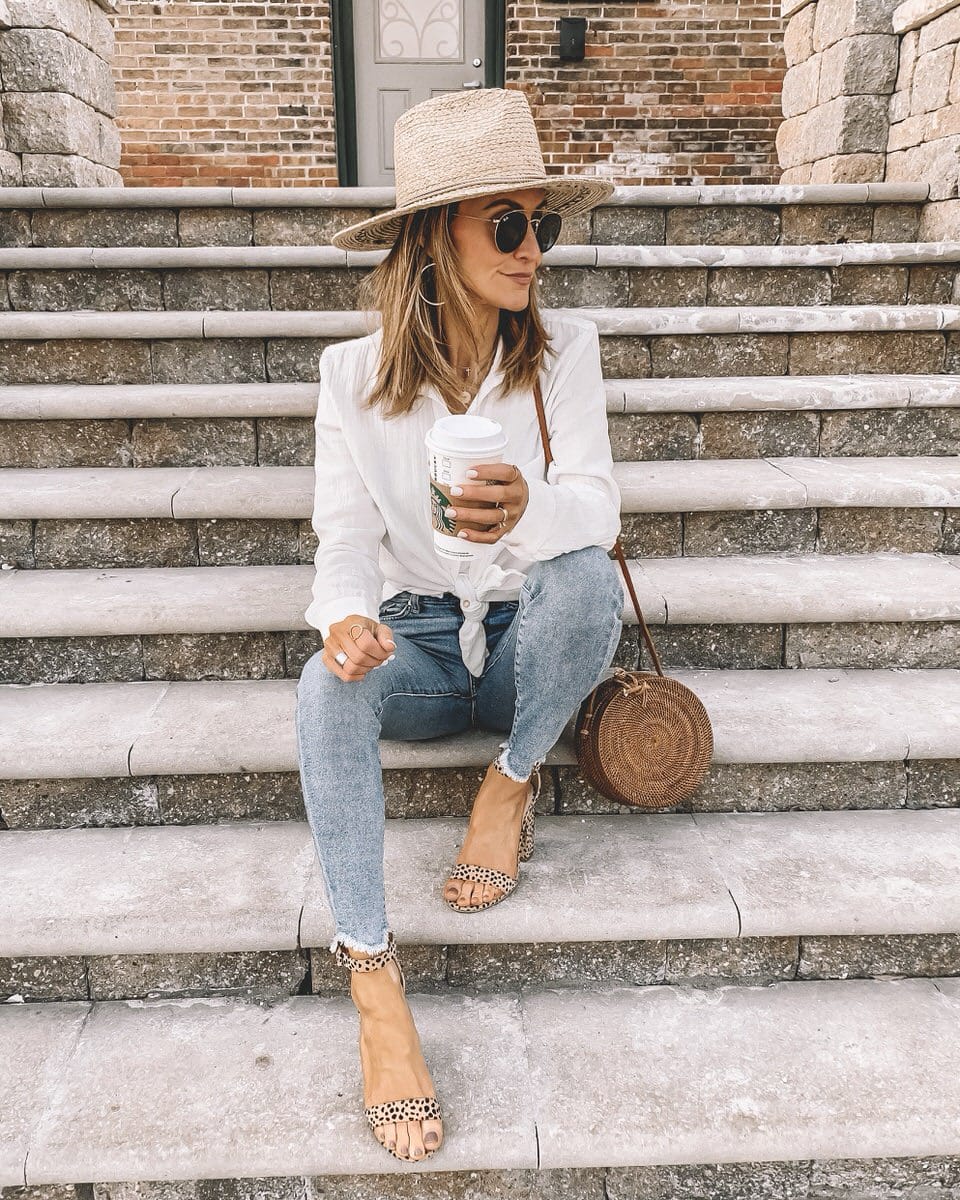 Fashion Blogger Karina Reske | white button up look | skinny raw hem jeans | spring transition outfit | leopard print heels | brixton fedora straw hat 