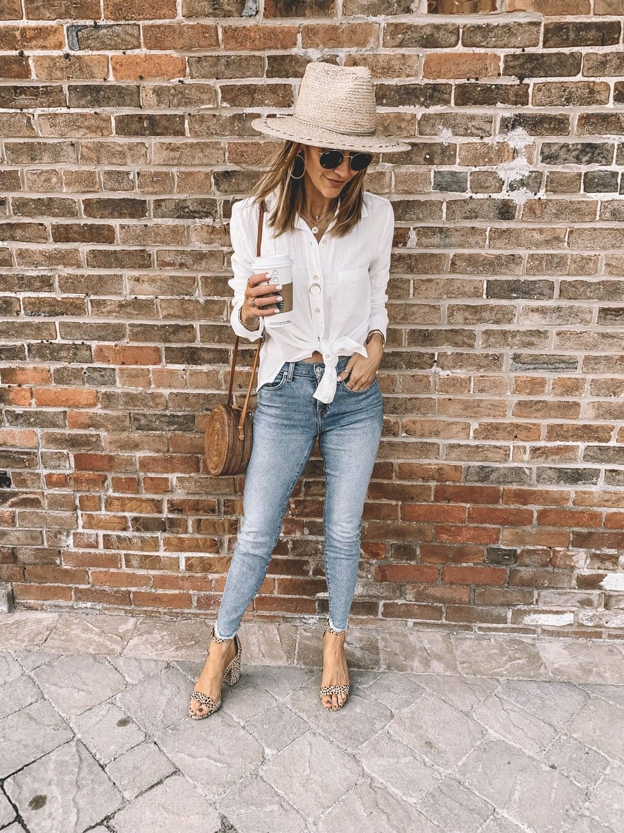 Fashion Blogger Karina Reske | white button up look | skinny raw hem jeans | spring transition outfit | leopard print heels | brixton fedora straw hat 