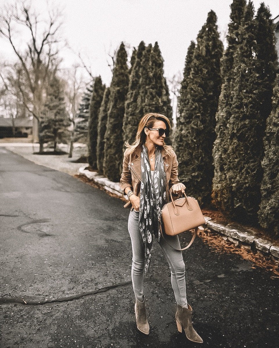 Fashion Blogger Karina Reske | Blank NYC Suede jacket | waffle tank top | Mcqueen Scarf | gucci antigona small | stack bracelet | Marc Fisher booties | Grey skinny jeans