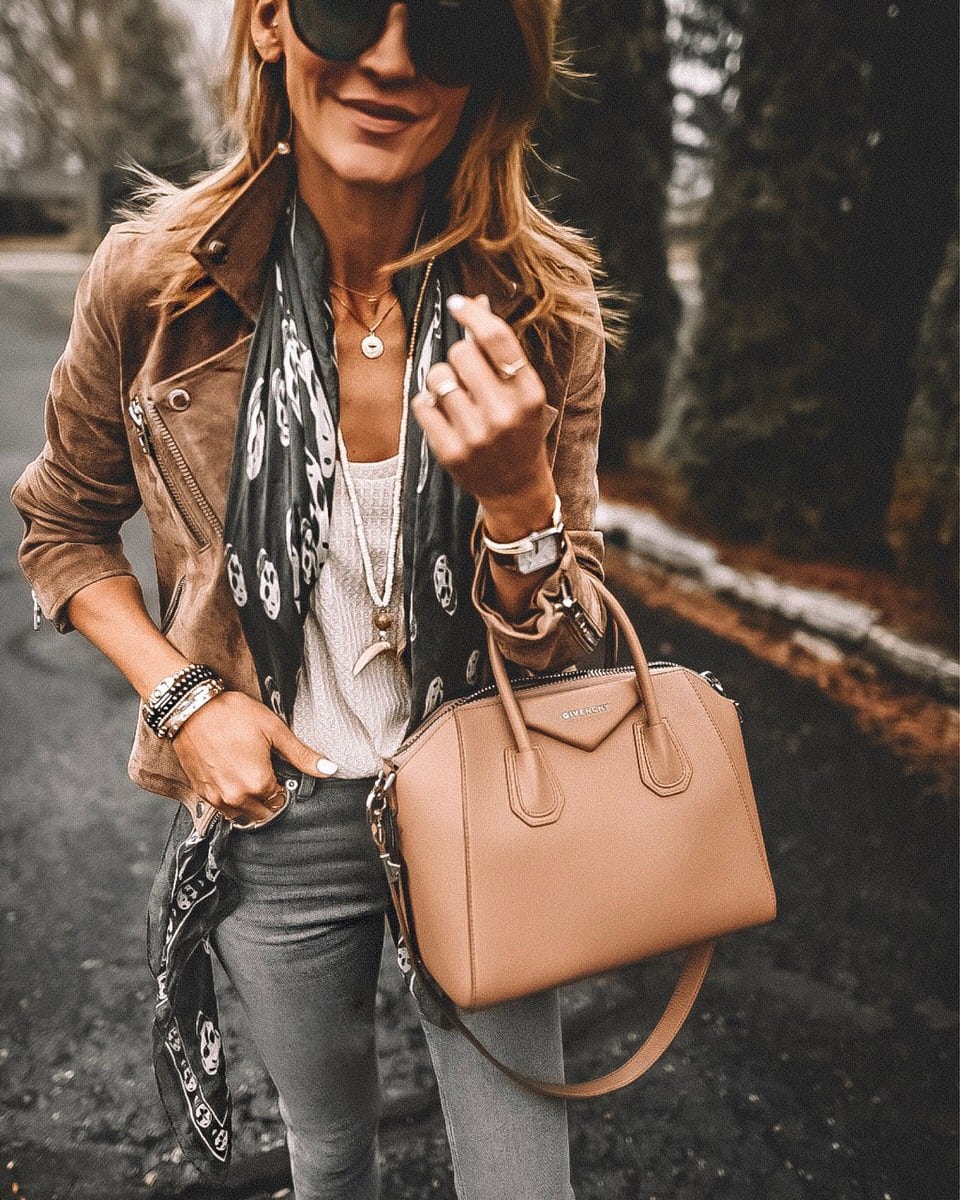 Fashion Blogger Karina Reske | Blank NYC Suede jacket | waffle tank top | Mcqueen Scarf | gucci antigona small | stack bracelet | Marc Fisher booties | Grey skinny jeans