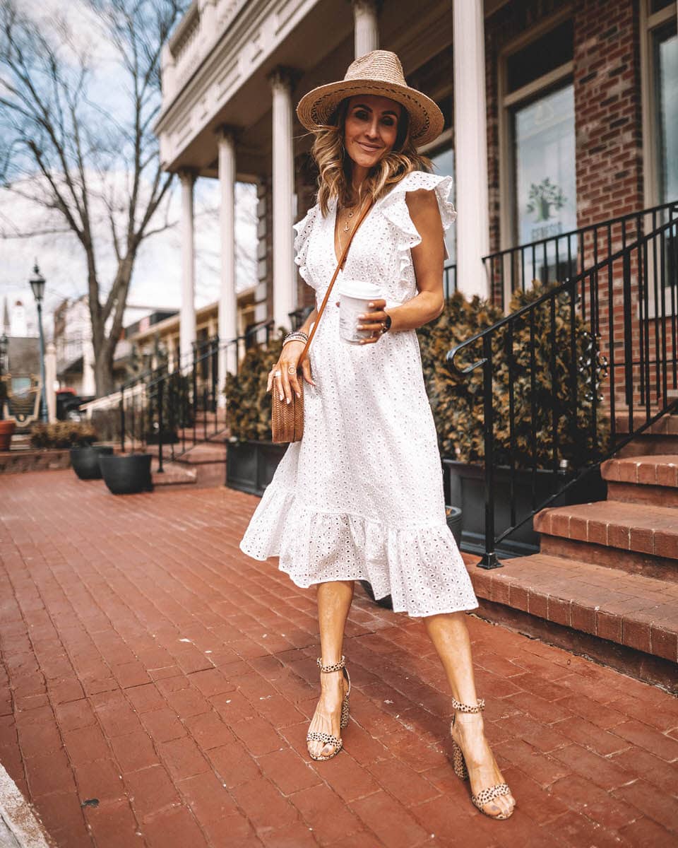 Fashion Blogger Katrina Reske | white eyelet dress | ruffle eyelet dress | deep neck | ruffle hem and sleeves | Straw hat | circle basquet bag | leopard printed heels | layered necklace
