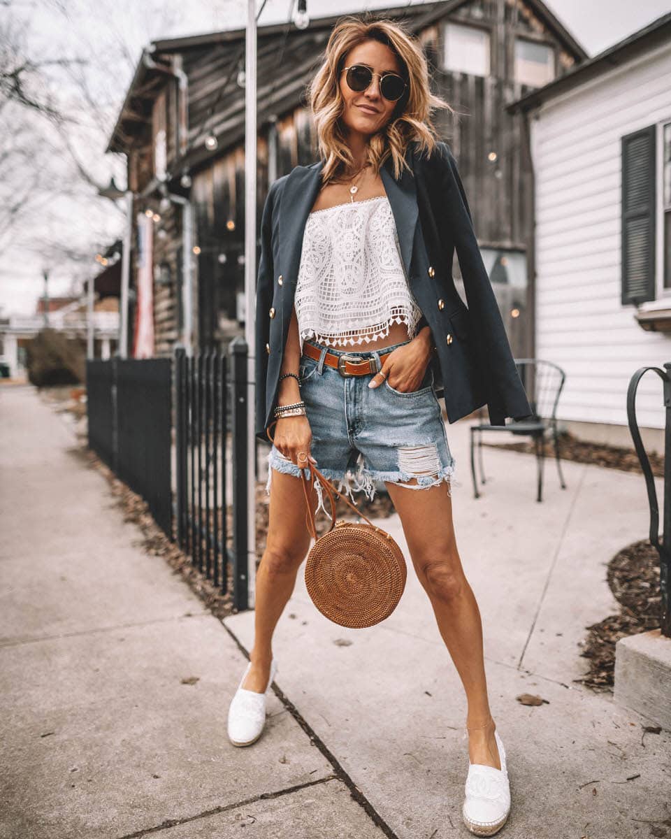 Karina Reske | white lace top | jeans cut offs | circle basket bag | summer style | summer street style | chanel espadrilles | white shoes | casual style