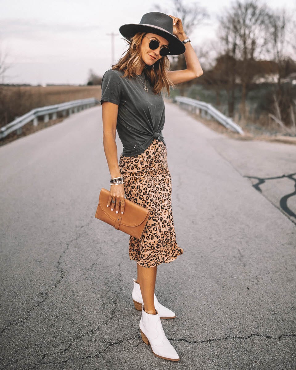Karina Style Diaries | midi leopard skirt | wite booties | philantropy tee 