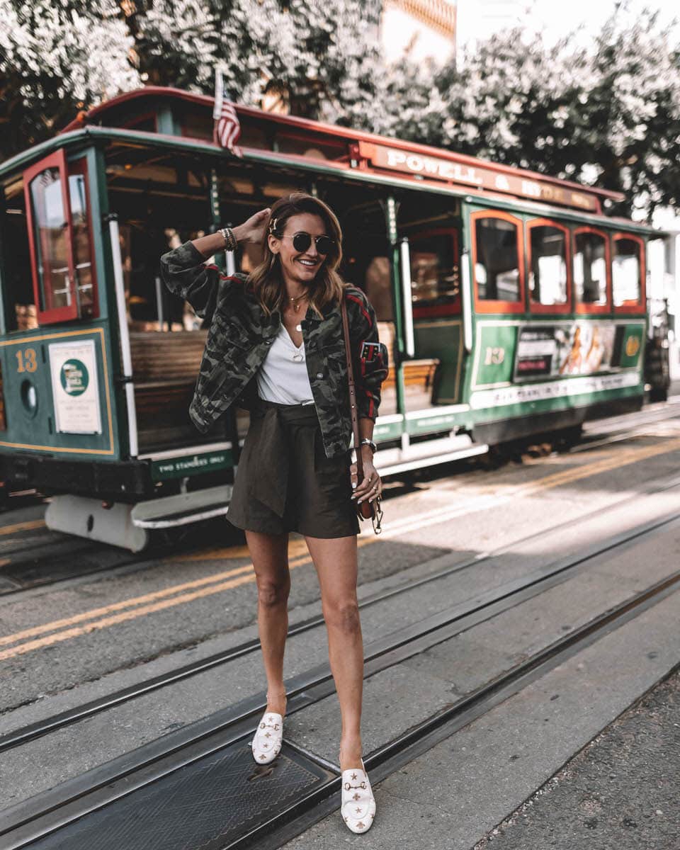 Travel Blogger Karina Reske | Cable car San Francisco | camo jacket | paper bag waist shorts | gucci princetown loafers 