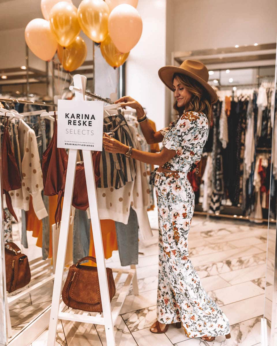 Karina Style Diaries | Vici collection meet + greet | walnutcreek vici store | floral pant and cropped top set | felt hat