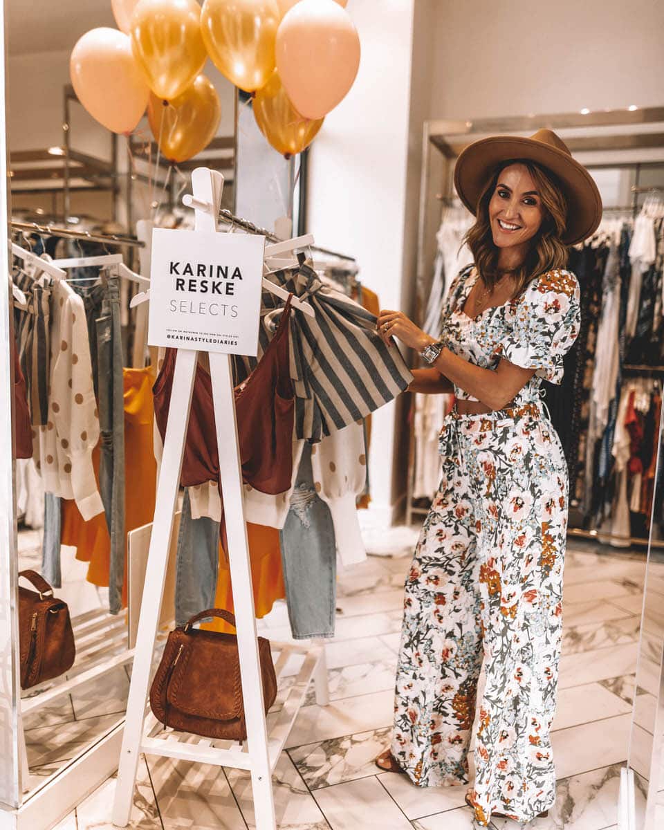 Karina Style Diaries | Vici collection meet + greet | walnutcreek vici store | floral pant and cropped top set | felt hat