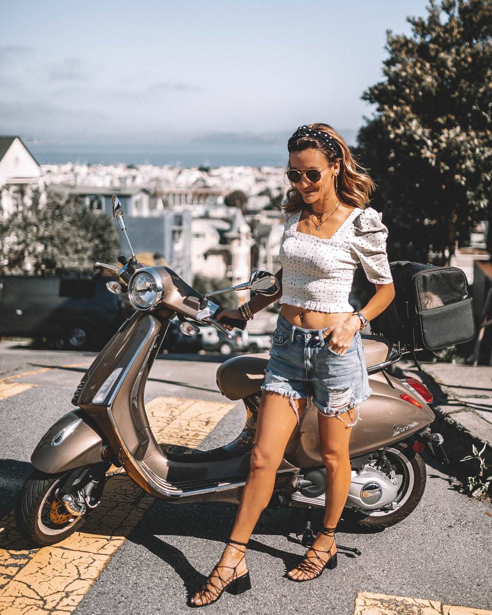 Karina Reske | scooter ride in San Francisco | jeans shorts | vespa | San Francisco bloggers