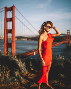 Karina Reske | one shoulder red dress | golden gate | san Francisco | golden hour