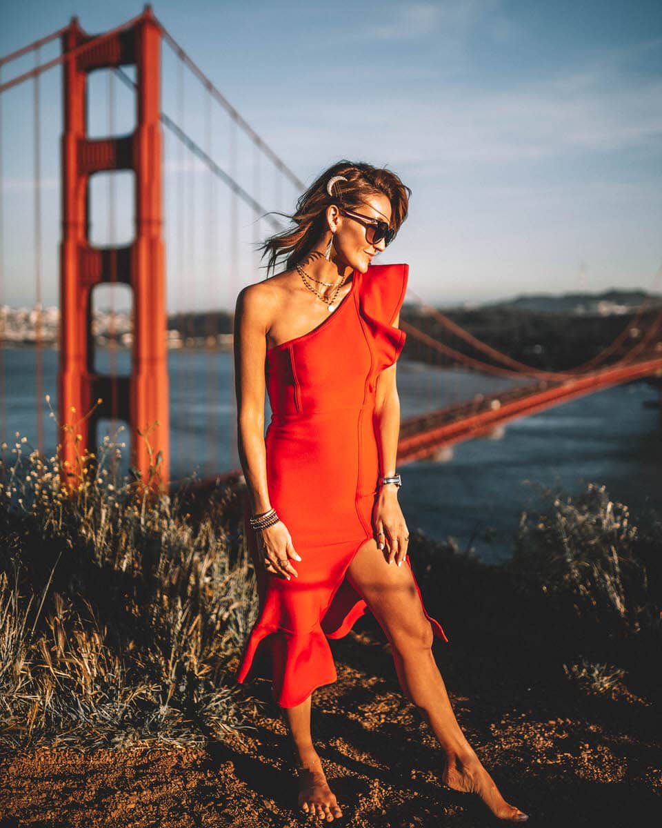 Karina Reske | one shoulder red dress | golden gate | san Francisco | golden hour