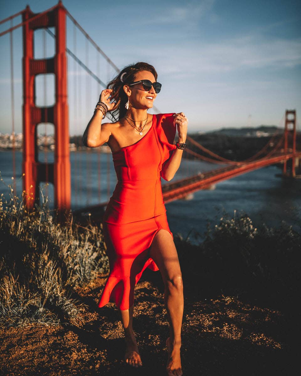 Karina Reske | one shoulder red dress | golden gate | san Francisco | golden hour