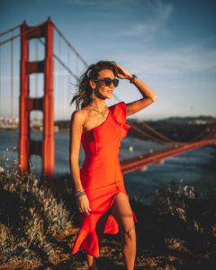 Karina Reske | one shoulder red dress | golden gate | san Francisco | golden hour