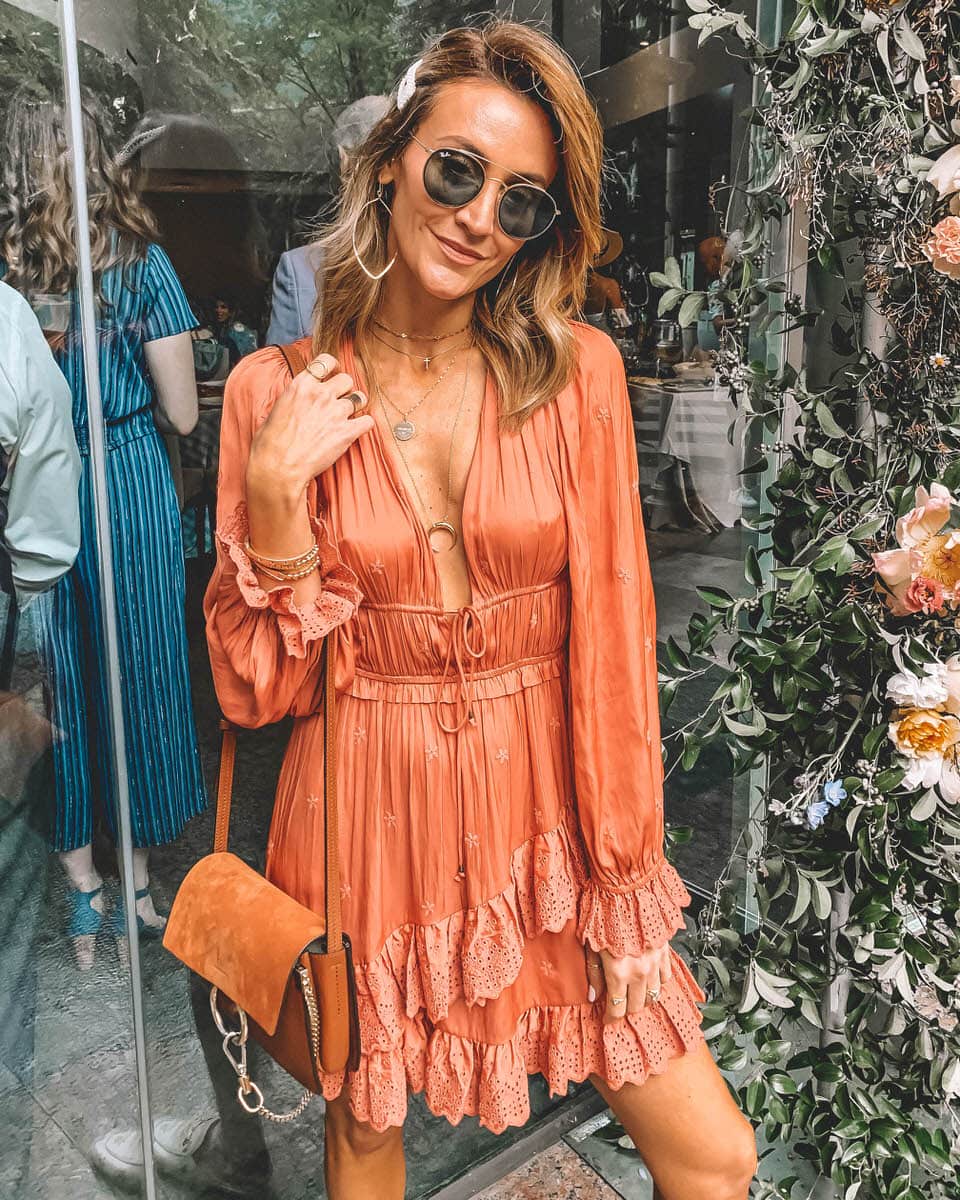 Fashion Blogger Karina Reske from Karina Style Diaries | Reward Style Conference | rStheCon 2019 outfit | Ulla Johnson Millie coral dress | Gucci Princetown loafers | chole faye cognac crossbody bag | round ray bans | layered necklace | spring chic look
