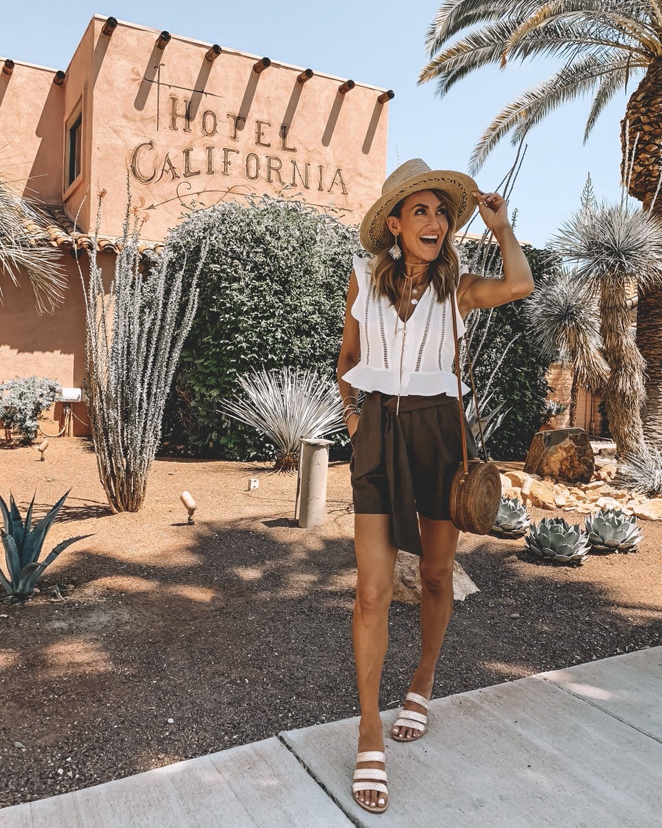Weekly outfit roundup | Palm Springs style | Karina Reske | Sincerely Julles for Billabong top | Paper bag shorts | Kaanas slides | straw hat | Hotel California 