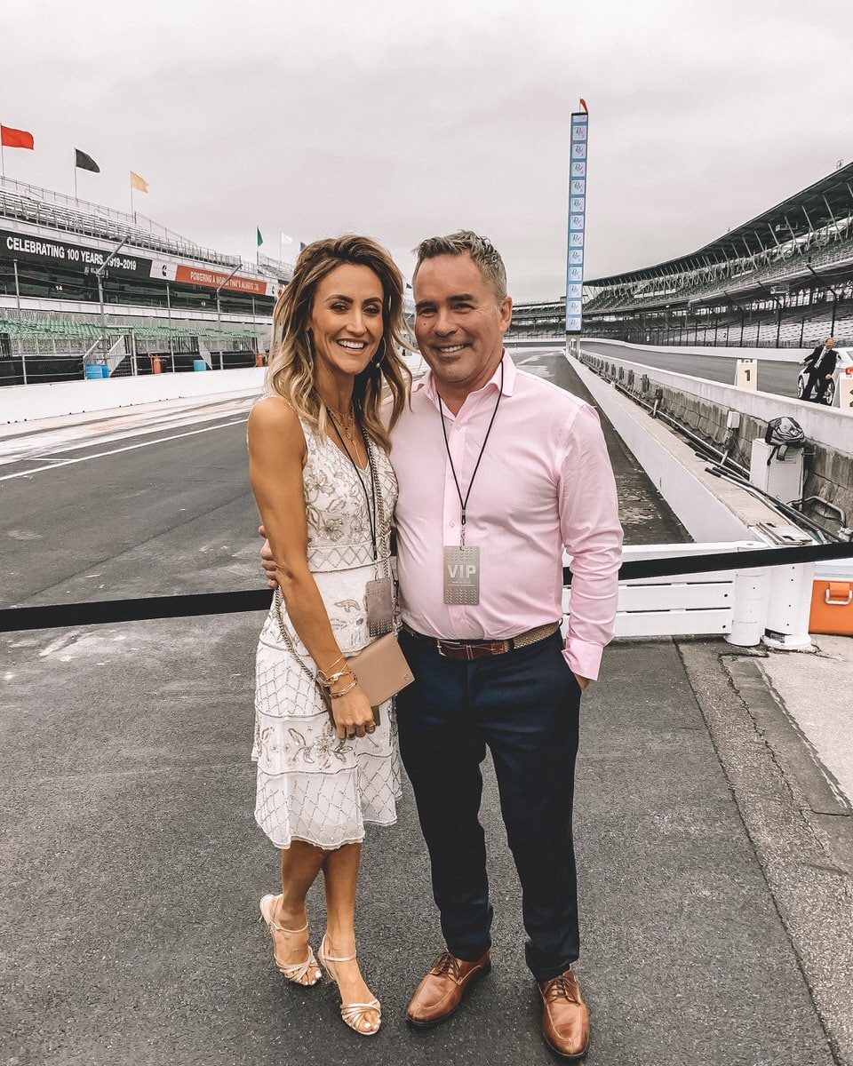 Karina Reske and husband Brian Reske | Macy's | Rev 2019 | Adrianna Papell beaded dress | Calvin Klein skinny navy suit | pink button up 