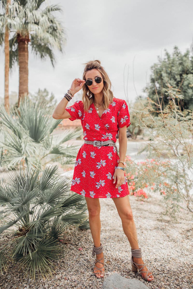 Karina Style Diaries wear red floral mini dress in Palm Springs, jeffrey campbell grey sandals