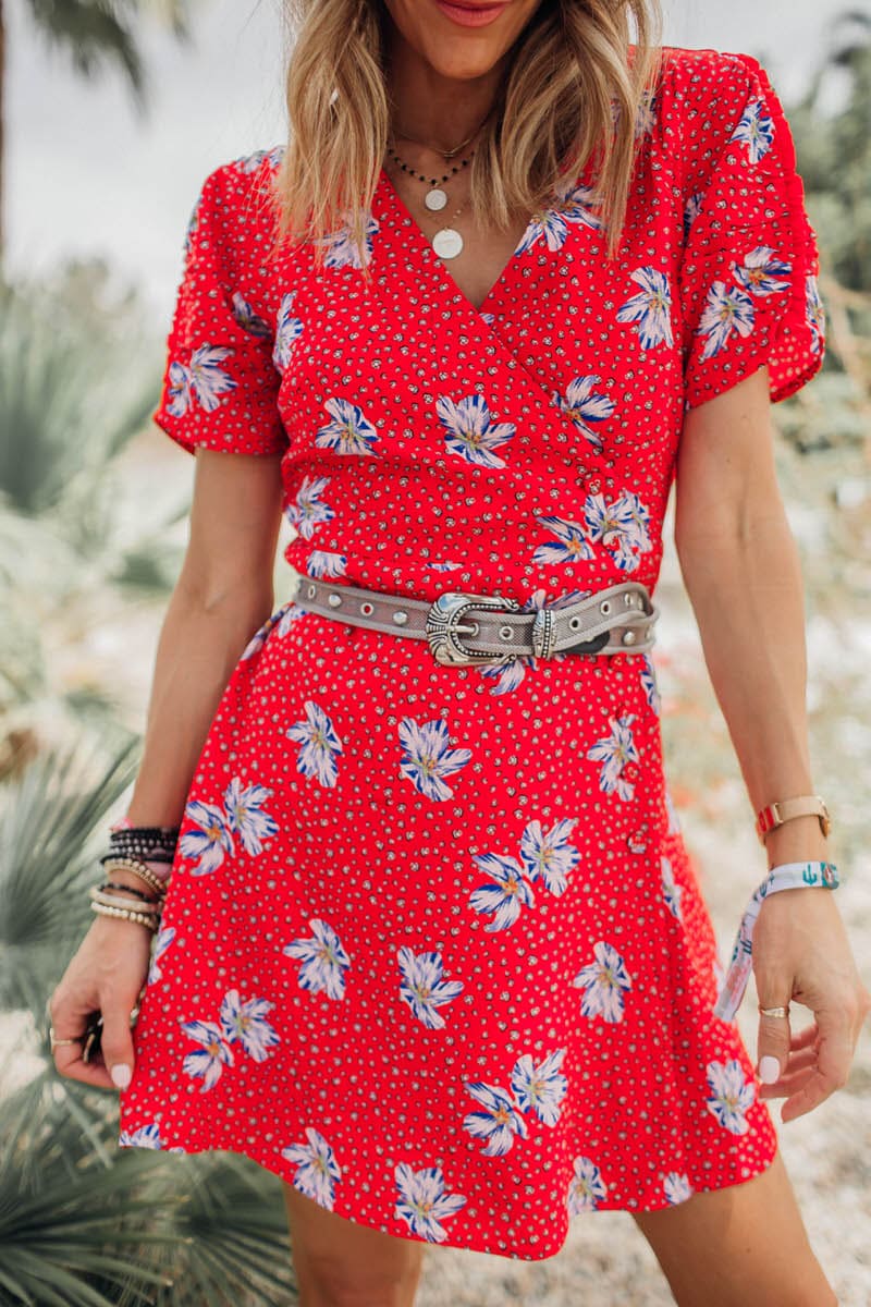 Karina Style Diaries wear red floral mini dress in Palm Springs, top shop metal belt
