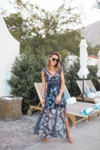 Karina reske in palm springs, willow and clay printed maxi dress, side slits, star hair pin, La Serena Villas, Azucar restaurant