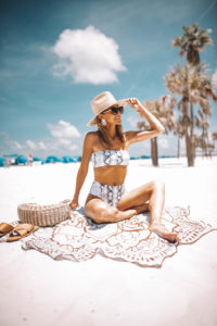 Fashion Blogger Karina Style Diaries | snake skin bathing suit | bandeau bathing suit | high rise bathing suit | beach photo | lotus towel | woman in bathing suit seasting on the sand